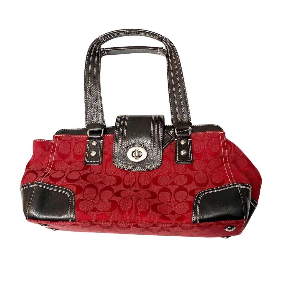 Coach Hamptons Signature C Jacquard Shoulder Bag Red Brown Leather G0932 F13975